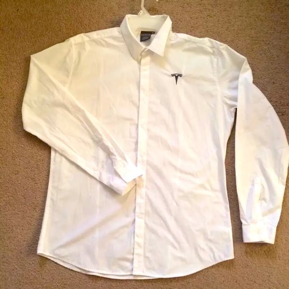 TESLA - Men's Size XL White Button Up Long Sleeve Collared Dress Shirt Logo - Picture 4 of 10